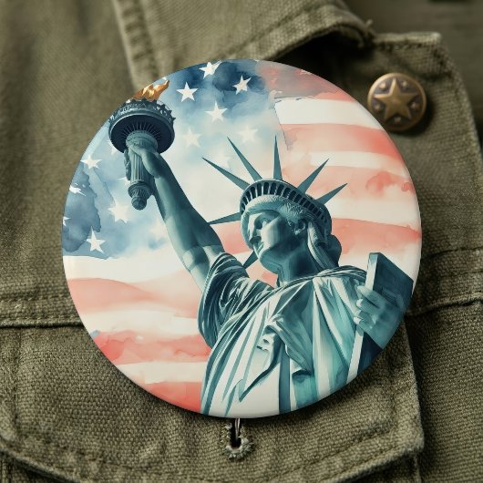 アメリカ国旗と水彩画の自由の女神像 缶バッジ
