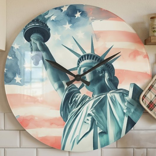 アメリカ国旗と水彩画の自由の女神 ラージ壁時計