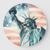 アメリカ国旗と水彩画の自由の女神 ラージ壁時計 (正面)