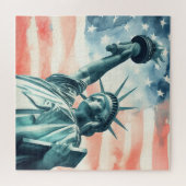 アメリカ国旗と水彩画風の自由の女神像 ジグソーパズル (横)