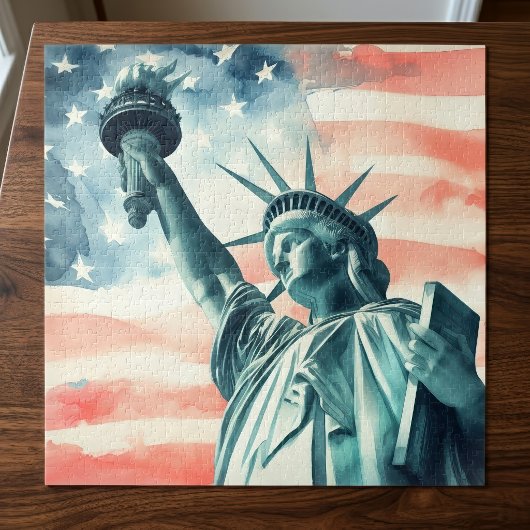 アメリカ国旗と水彩画風の自由の女神像 ジグソーパズル