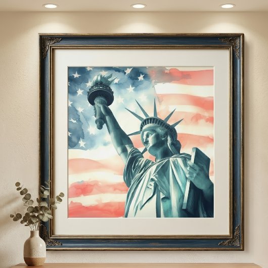 アメリカ国旗と水彩画風の自由の女神像 フォトプリント