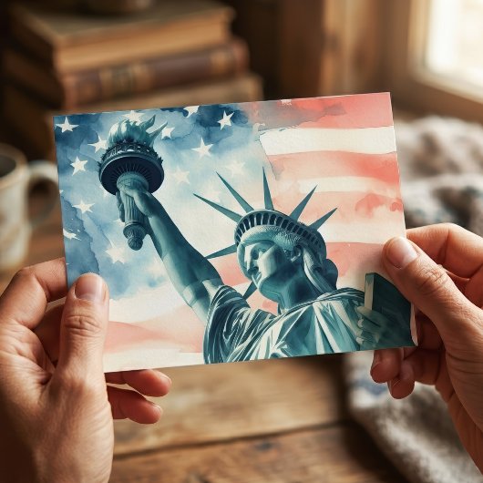 アメリカ国旗と水彩画風の自由の女神像 ポストカード