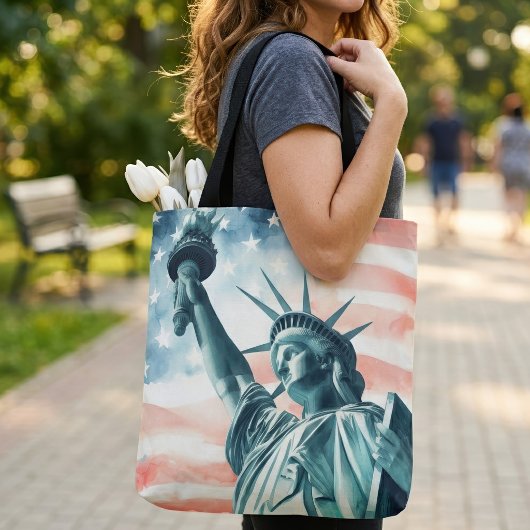 アメリカ国旗と水彩画風の自由の女神 トートバッグ