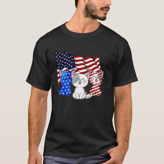 アメリカ国旗と猫の7月4日 Tシャツ (正面)