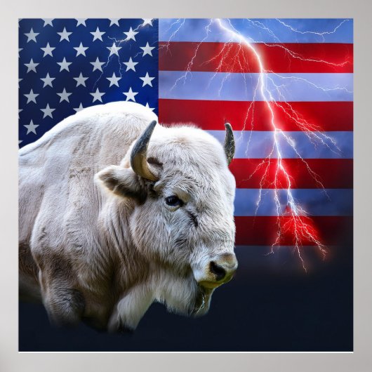 アメリカ国旗と稲妻を持つ白いバッファロー ポスター (正面)