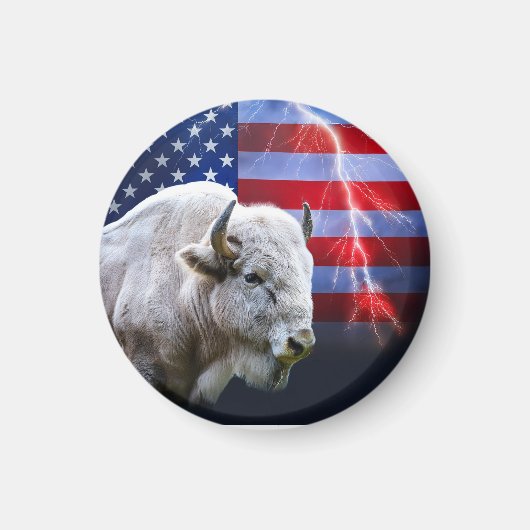 アメリカ国旗と稲妻を持つ白いバッファロー マグネット (正面)
