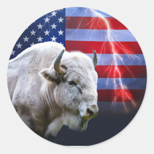 アメリカ国旗と稲妻を持つ白いバッファロー ラウンドシール