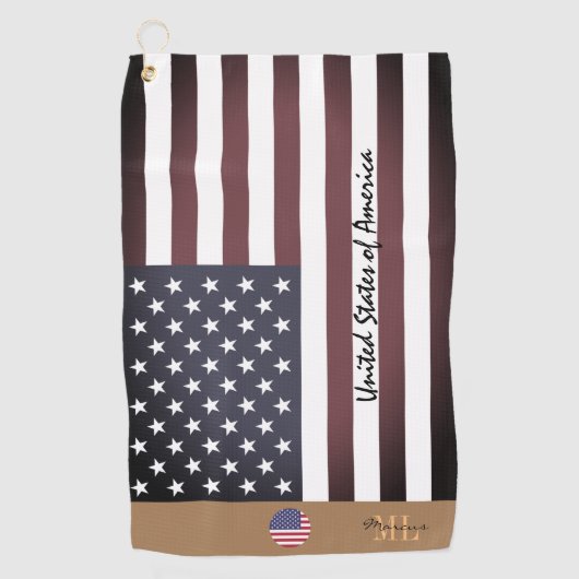 アメリカ国旗と統一された州モノグラムのUSAゴルフ ゴルフタオル (正面)
