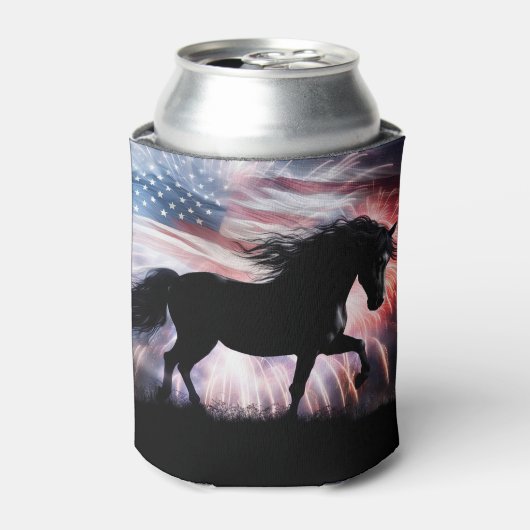 アメリカ国旗と美しい馬の田舎西部 缶クーラー (缶正面)