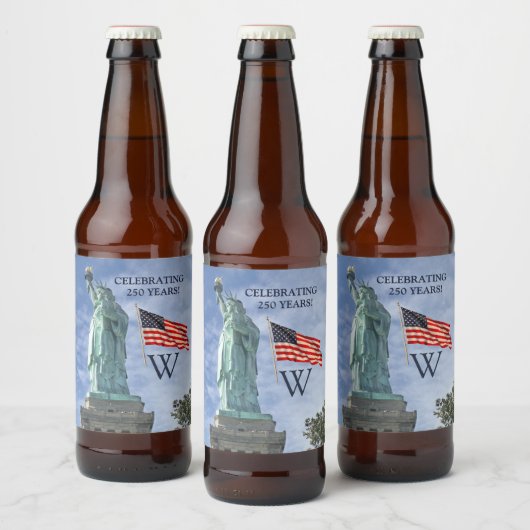 アメリカ国旗と自由の女神のモノグラム USA 250 ビールラベル (ボトル)