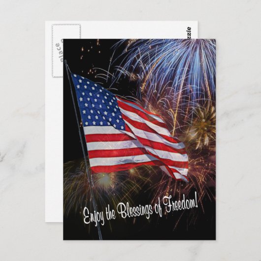 アメリカ国旗と花火のデザイン ポストカード (正面/裏面)