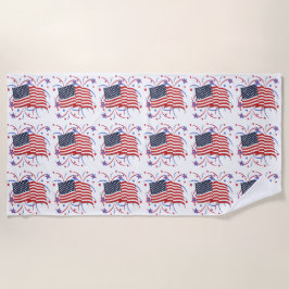 アメリカ国旗と花火 ビーチタオル