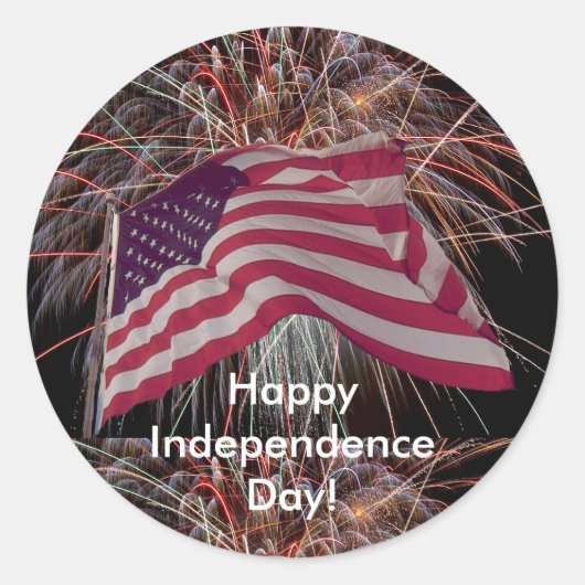アメリカ国旗と花火 ラウンドシール (正面)