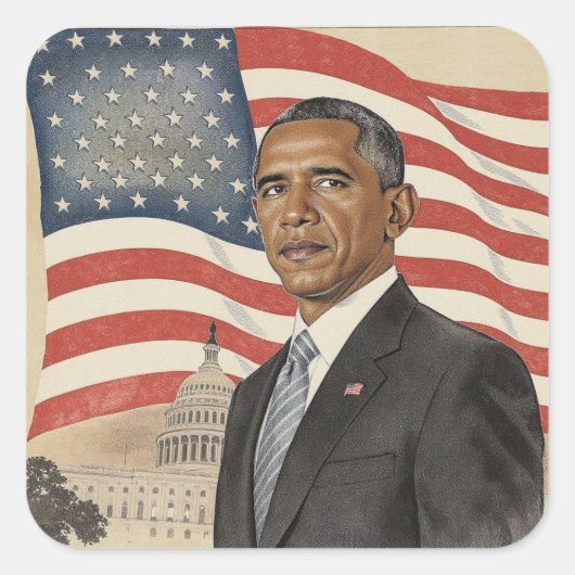 アメリカ国旗と議事堂の前のアメリカ合衆国第44代大統領バラク・オバマ スクエアシール (正面)