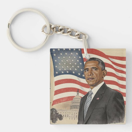 アメリカ国旗と議事堂の前のアメリカ大統領バラク・オバマ キーホルダー (正面)