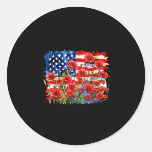 アメリカ国旗と赤いポピーの花 メモリアルデー ラウンドシール