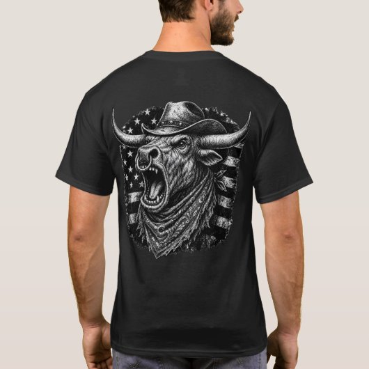 アメリカ国旗と雄叫びを上げるカウボーイのロングホーン Tシャツ (裏面)