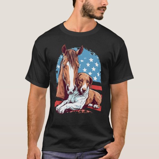 アメリカ国旗と馬と犬の乗馬イラスト Tシャツ (正面)