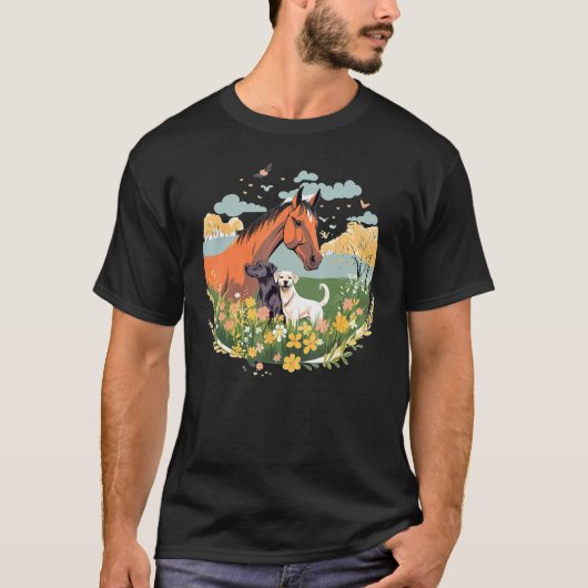 アメリカ国旗と馬と犬の乗馬 Equus Tシャツ (正面)