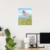 アメリカ国旗と黄色い野生の花の風景 ポスター (ホームオフィス)