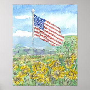 アメリカ国旗と黄色い野生の花の風景 ポスター