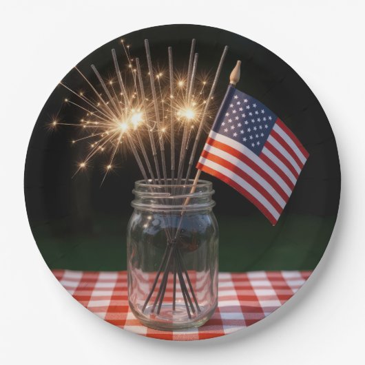 アメリカ国旗と7月4日のスパークラー ペーパープレート (正面)