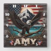アメリカ国旗によって広げられた鷲の羽 スクエア壁時計 (正面)