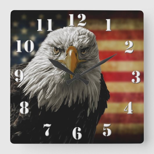 アメリカ国旗にハゲグランジワシ スクエア壁時計 (正面)
