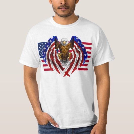 アメリカ国旗に乗ったアメリカワシ Tシャツ (正面)