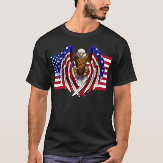 アメリカ国旗に乗ったアメリカワシ Tシャツ (正面)