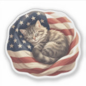 アメリカ国旗に包まれた静かな眠る猫 シール (正面)