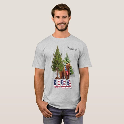 アメリカ国旗に愛国的な茶色のクマ Tシャツ (正面フル)