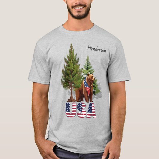 アメリカ国旗に愛国的な茶色のクマ Tシャツ (正面)
