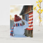 アメリカ国旗に敬礼するクリスマスの雪だるま カード (黄色い花)