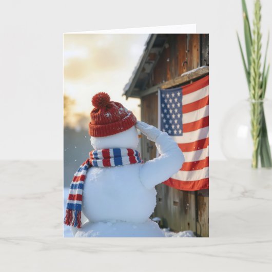 アメリカ国旗に敬礼するクリスマスの雪だるま カード (正面)
