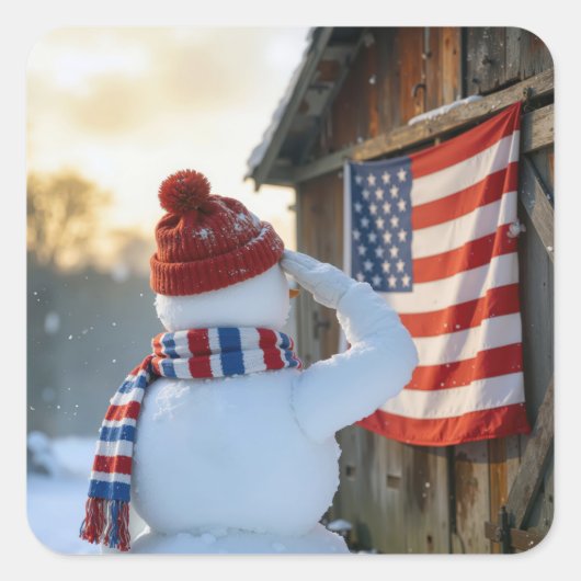 アメリカ国旗に敬礼する雪だるま スクエアシール (正面)