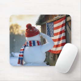 アメリカ国旗に敬礼する雪だるま マウスパッド