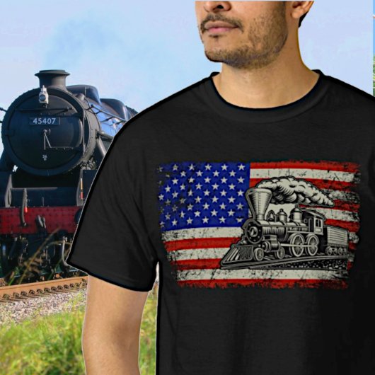 アメリカ国旗に蒸気機関車の鉄道 Tシャツ