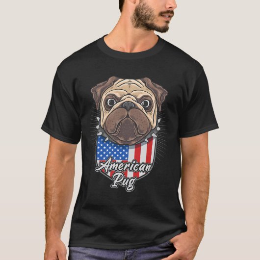 アメリカ国旗のかわいいパグ エッセンシャル 225 Tシャツ (正面)