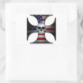 アメリカ国旗のアイアンクロスとスカル 長方形シール (バッグ)