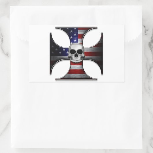 アメリカ国旗のアイアンクロスとスカル 長方形シール (バッグ)