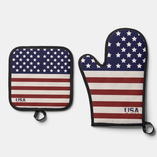 アメリカ国旗のアメリカ合衆国パターン 鍋つかみ&鍋敷きセット (正面)