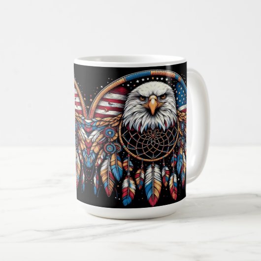 アメリカ国旗のイーグルアートとドリームキャッチャー コーヒーマグカップ (正面右)
