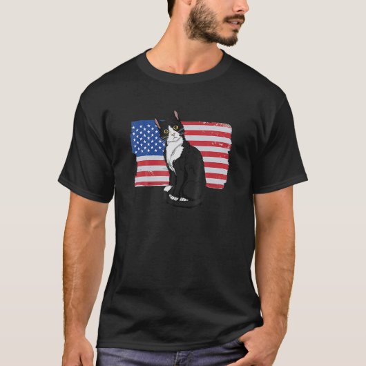 アメリカ国旗のウエディング猫 7月4日の愛国ウエディング猫 Tシャツ (正面)