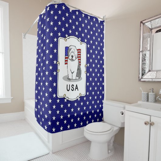 アメリカ国旗のオールド・イングリッシュ・シェプドッグ（グレー1） シャワーカーテン (インサイチュ)