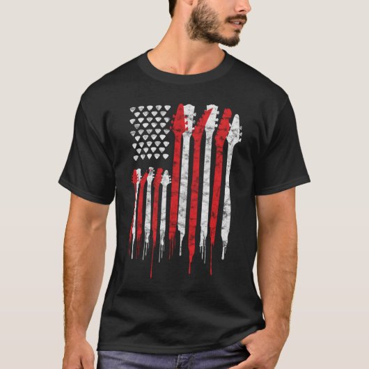 アメリカ国旗のギターレッド・ホワイト愛国心 Tシャツ (正面)