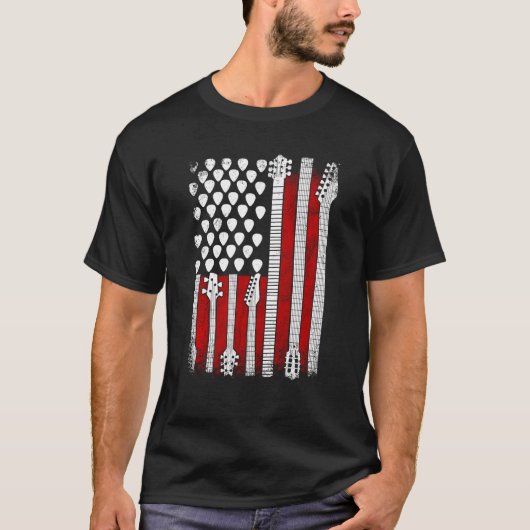 アメリカ国旗のギターレッド・ホワイト愛国音楽 Tシャツ (正面)