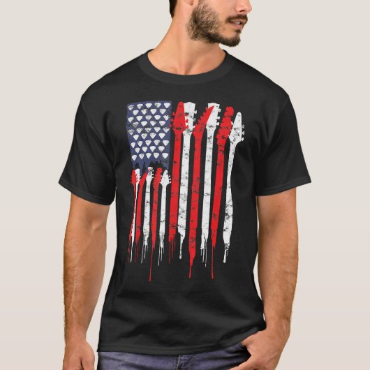 アメリカ国旗のギターレッド・ホワイト愛国音楽Lov Tシャツ (正面)