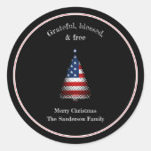 アメリカ国旗のクリスマスツリ賛美ー ラウンドシール (正面)